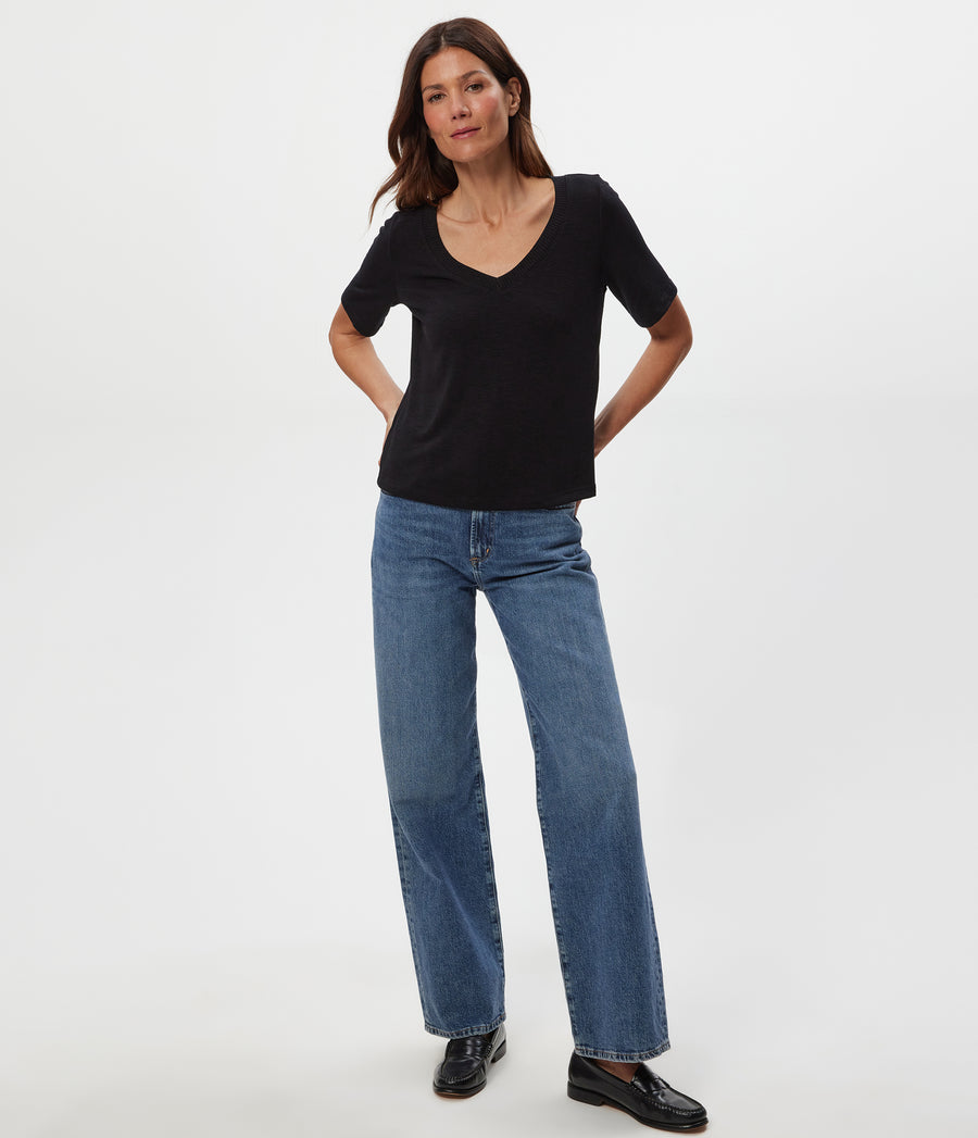 Matty V-Neck Top in Black Full Body View #BLACK