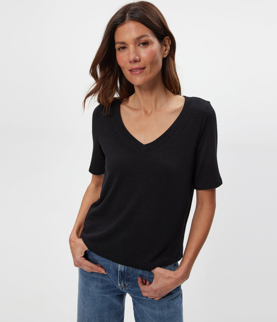 Matty V-Neck Top in Black Close up View #BLACK