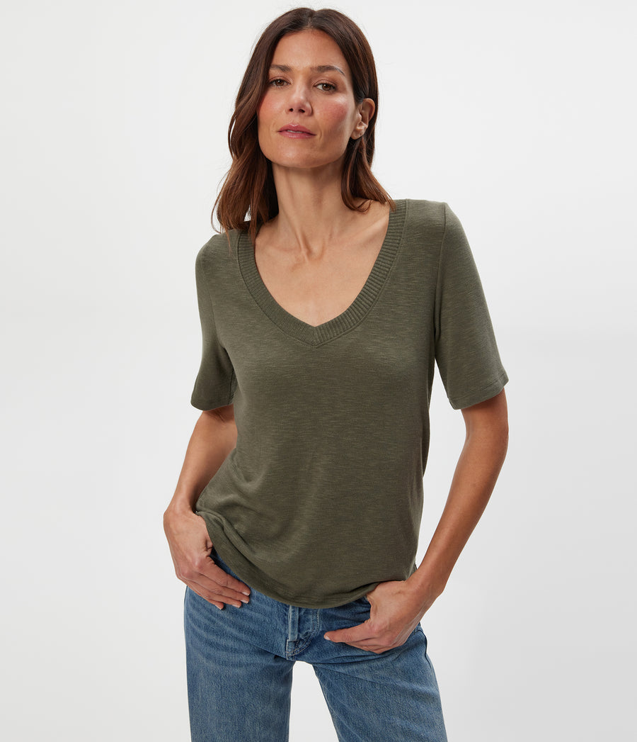 Matty V-Neck Top in CAPER Green Close up View #CAPER