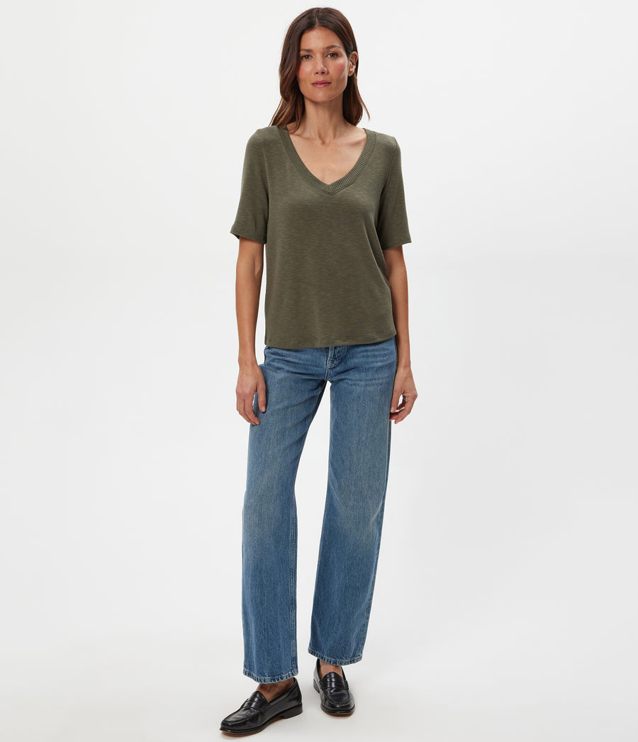 Matty V-Neck Top in CAPER Green Full Body View #CAPER
