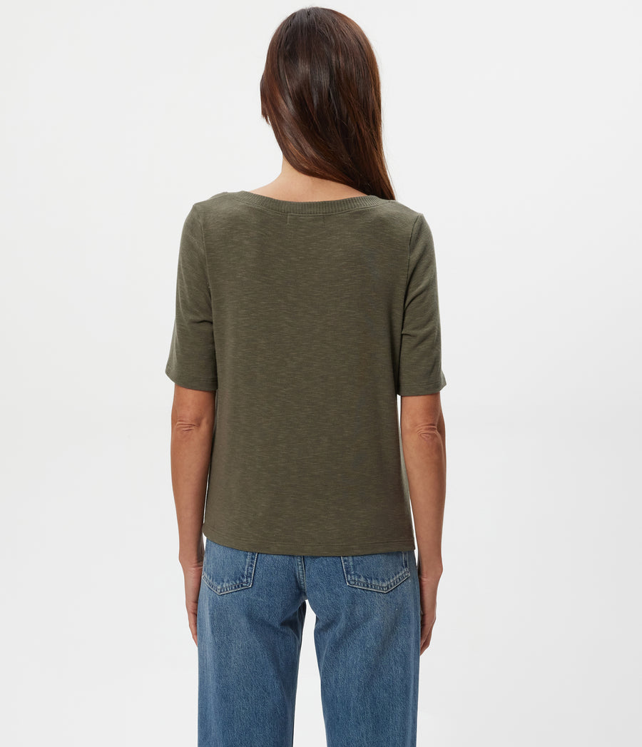 Matty V-Neck Top in CAPER Green Back View #CAPER