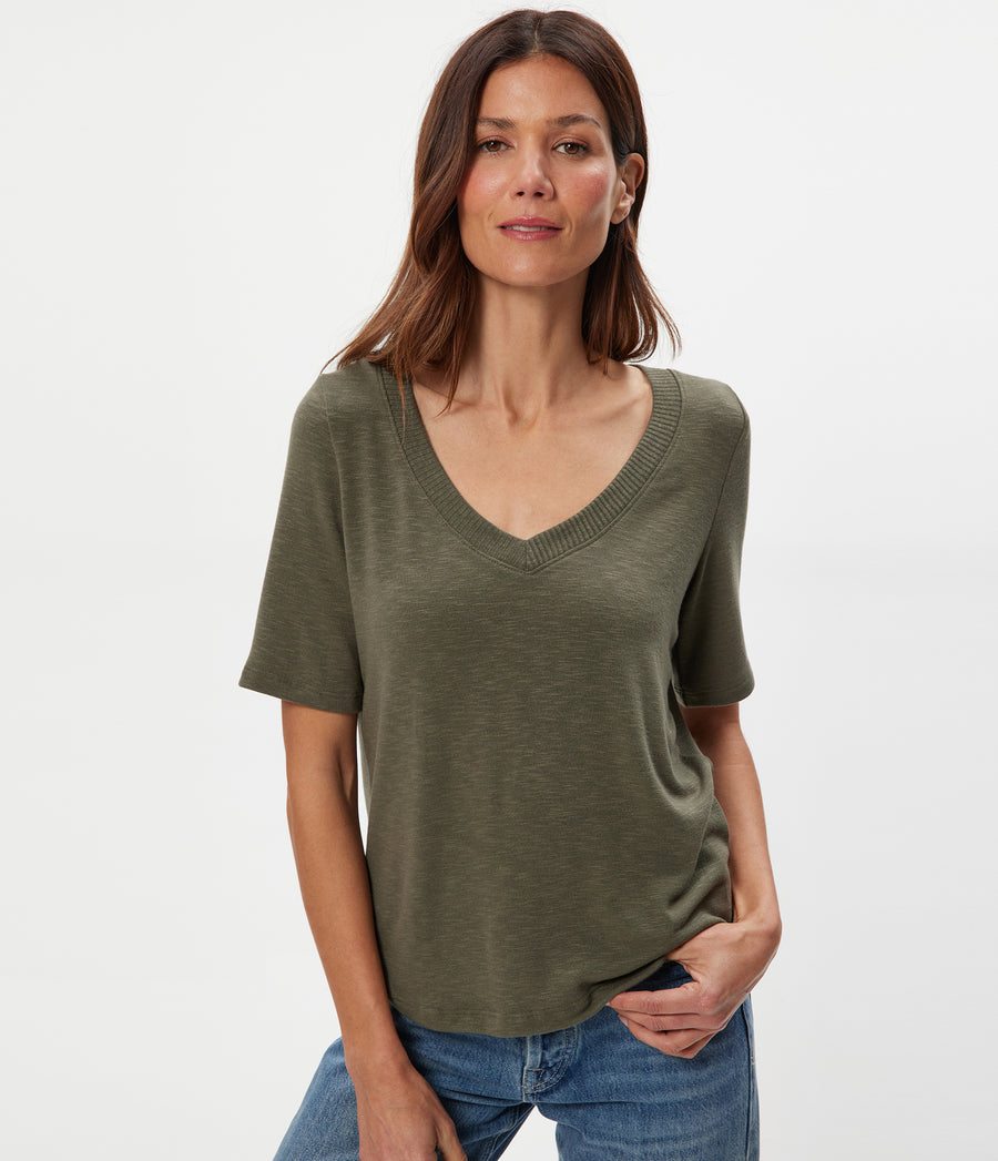 Matty V-Neck Top in CAPER Green Close up View #CAPER