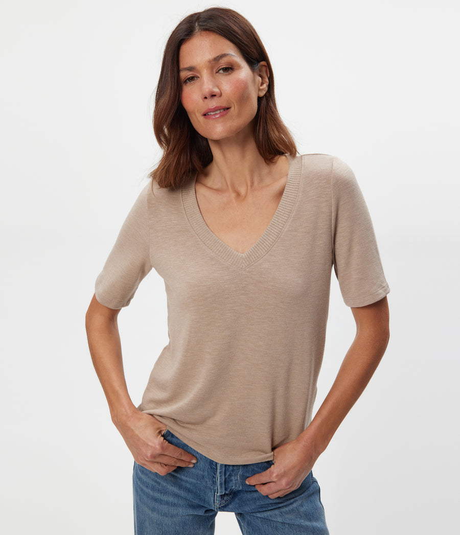 Matty V-Neck Top in  MACADAMIA Beige Close up View #MACADAMIA
