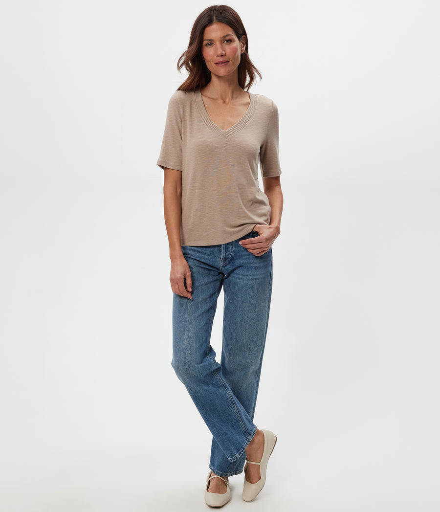 Matty V-Neck Top in  MACADAMIA Beige Full Body View #MACADAMIA