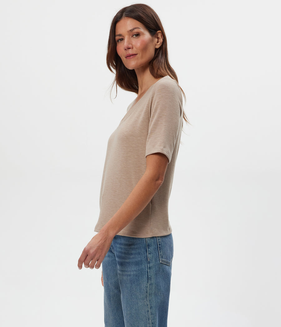 Matty V-Neck Top in  MACADAMIA Beige Side View #MACADAMIA