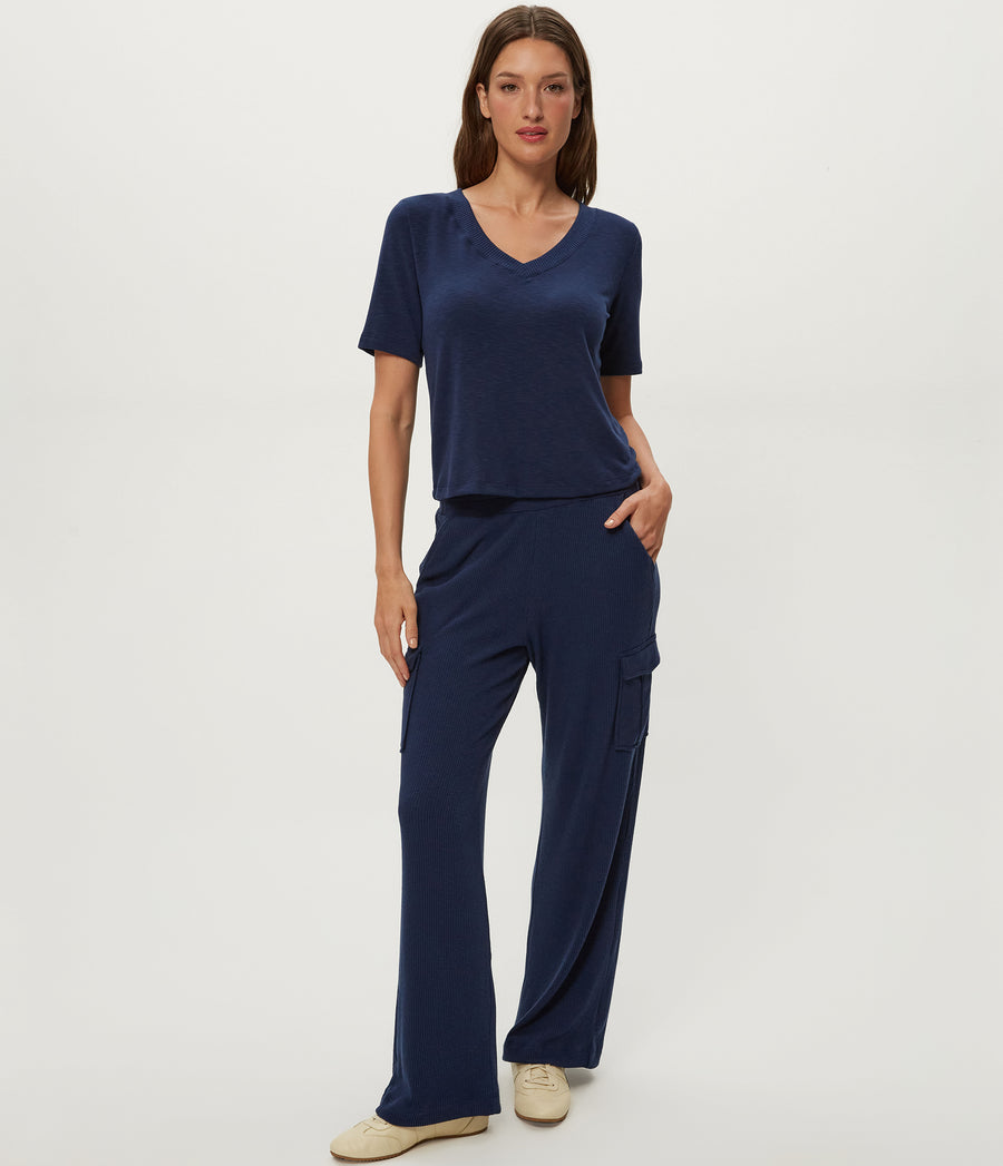 Matty V-Neck Top in Nocturnal Blue Full Body View #NOCTURNAL