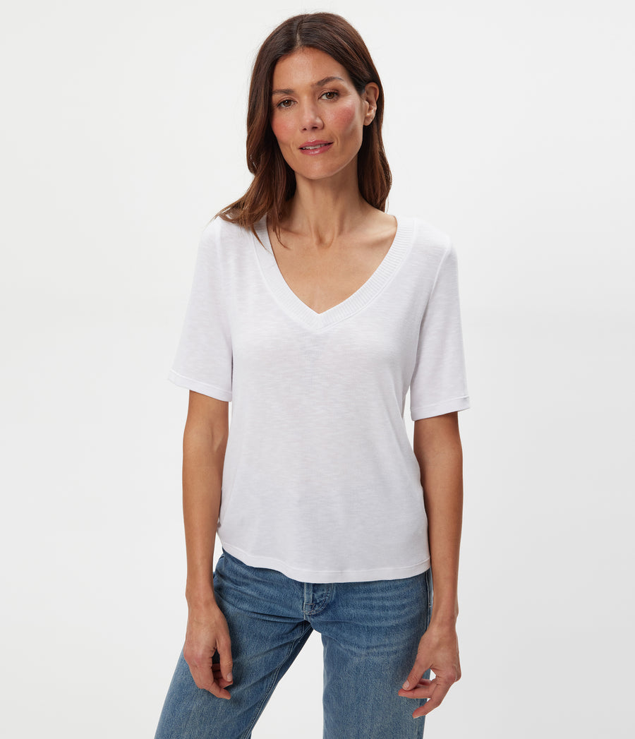 Matty V-Neck Top in White Close up View #WHITE