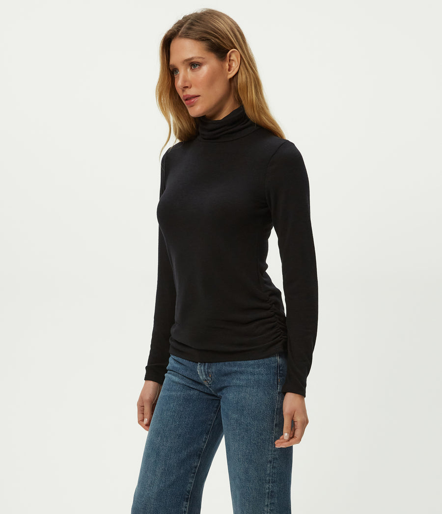 Jojo Side Ruched Turtleneck in Black Full Body View #BLACK