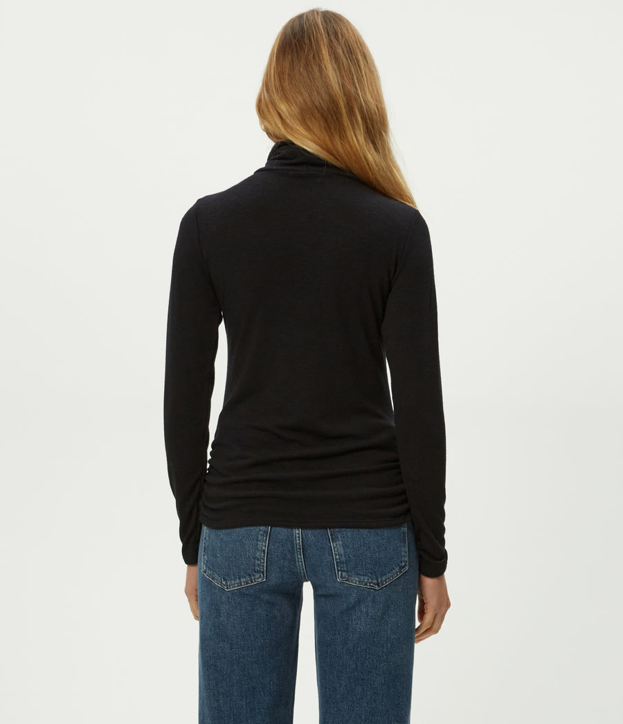 Jojo Side Ruched Turtleneck in Black Full Body View #BLACK