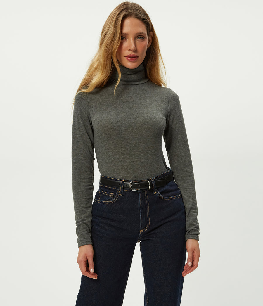 Jojo Side Ruched Turtleneck in Charcoal Grey Close up View #CHARCOAL
