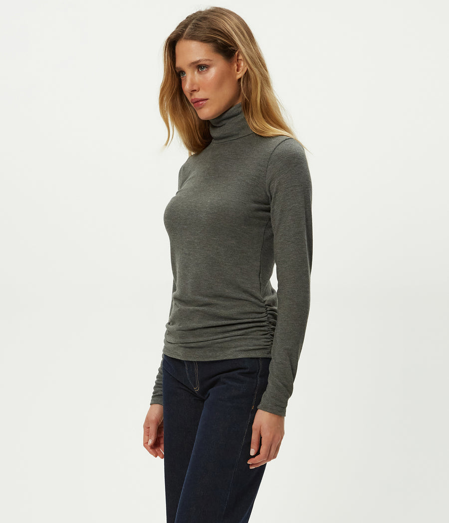 Jojo Side Ruched Turtleneck in Charcoal Grey Side View #CHARCOAL