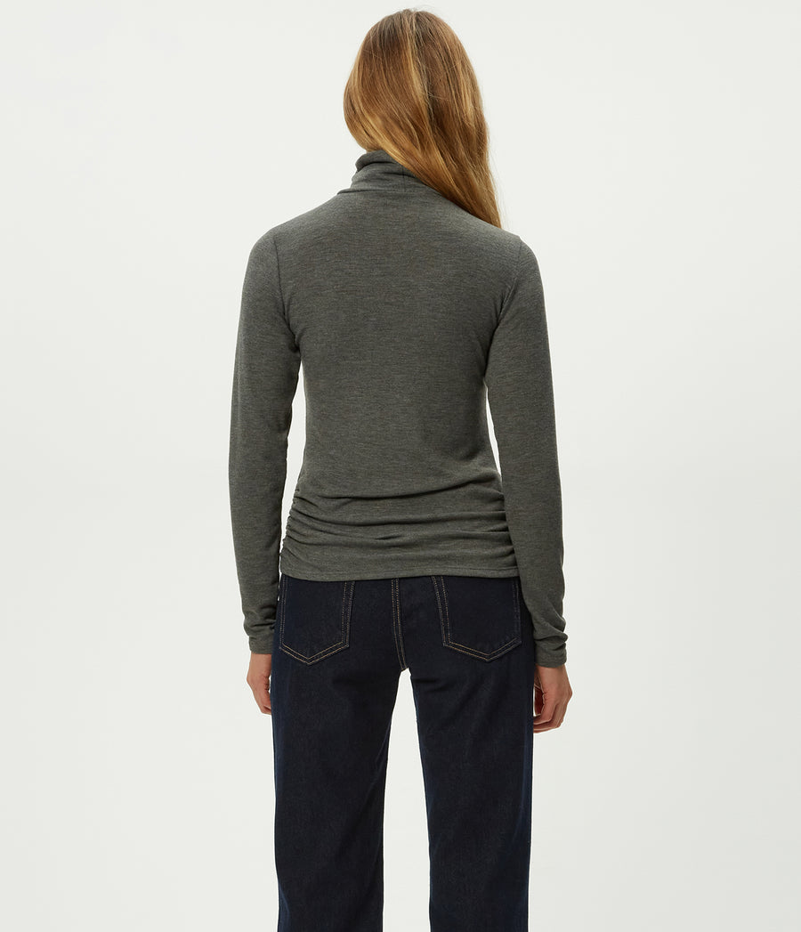 Jojo Side Ruched Turtleneck in Charcoal Grey Back View #CHARCOAL