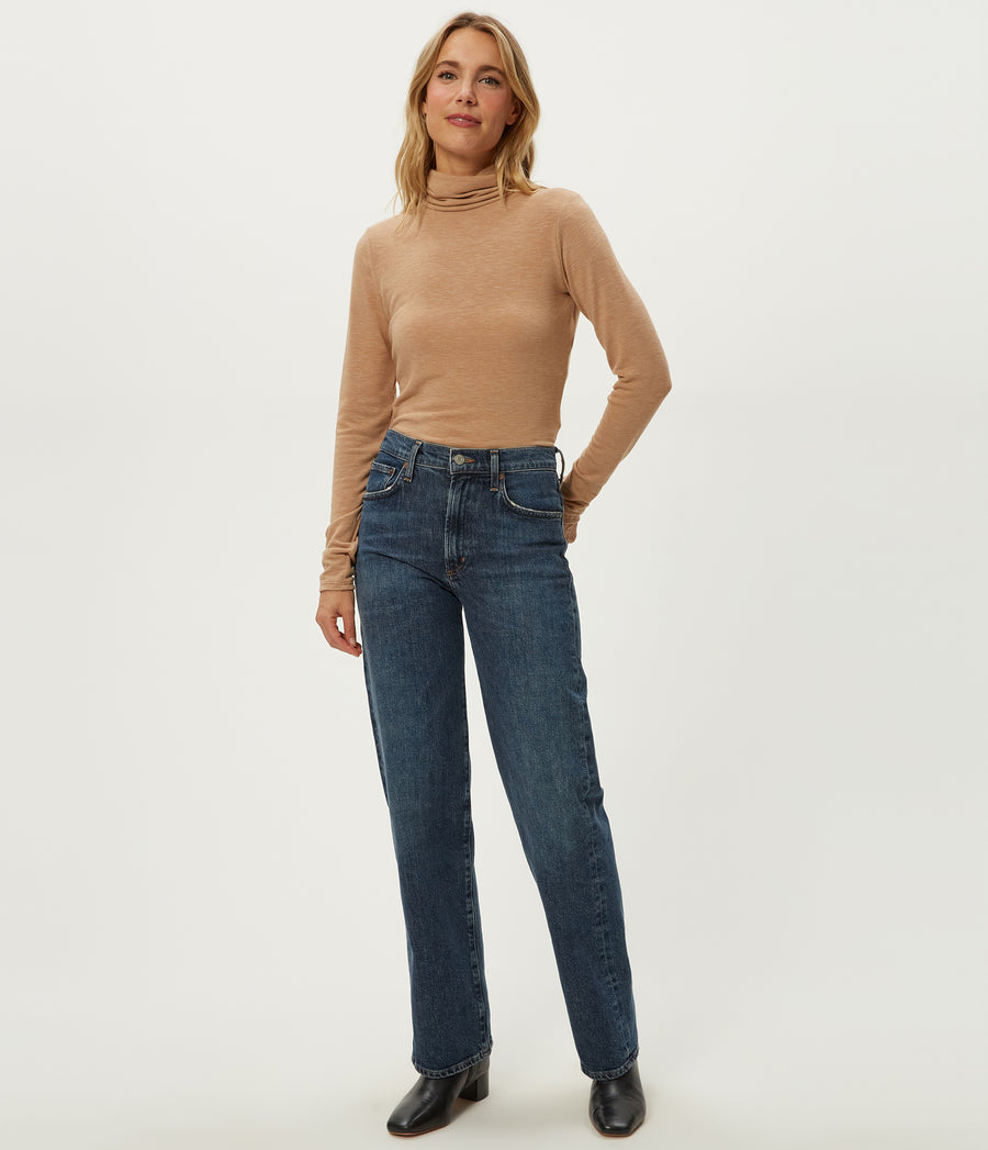 Jojo Side Ruched Turtleneck in Cumin Brown Full Body View #CUMIN