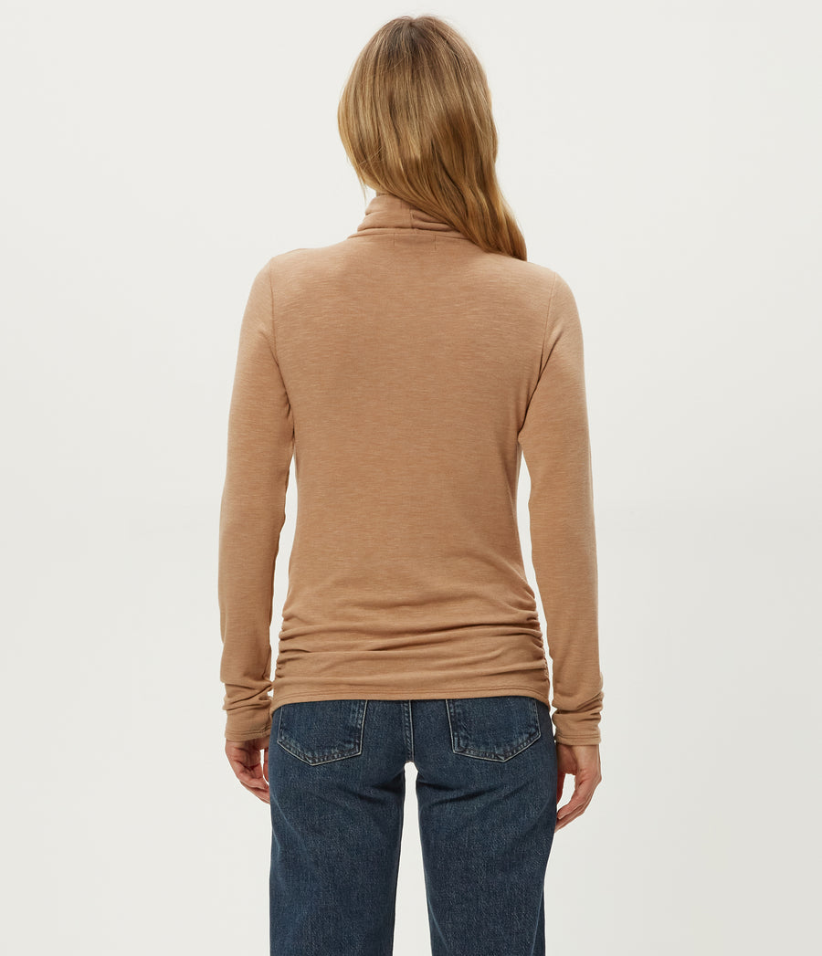 Jojo Side Ruched Turtleneck in Cumin Brown Back View #CUMIN