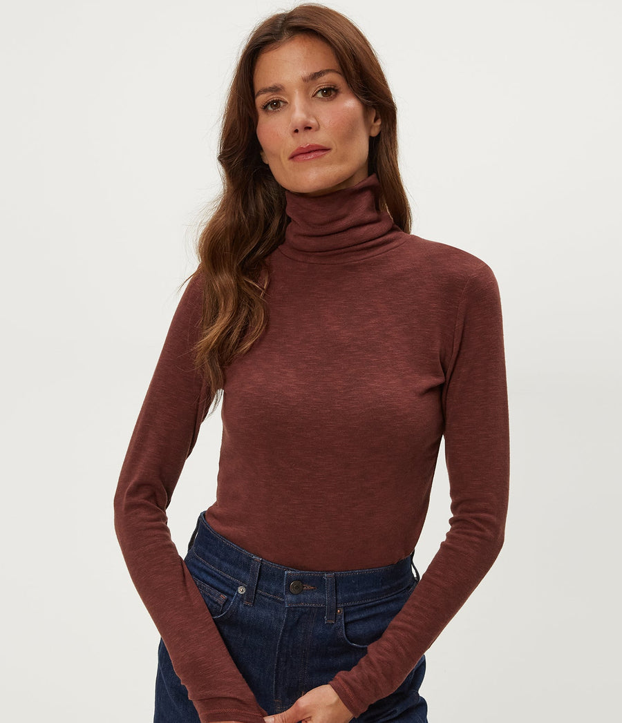 Jojo Side Ruched Turtleneck in ESPRESSO Brown Close Up View #ESPRESSO