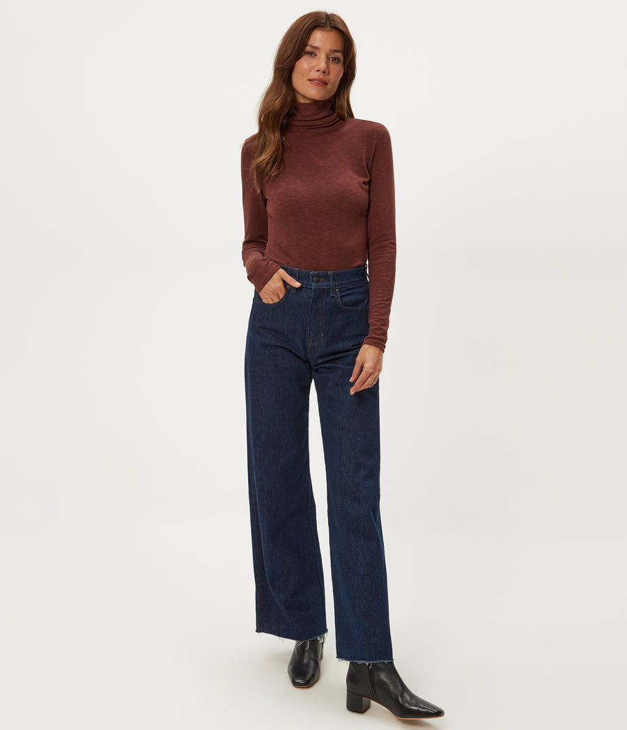 Jojo Side Ruched Turtleneck in ESPRESSO Brown Full Body View #ESPRESSO