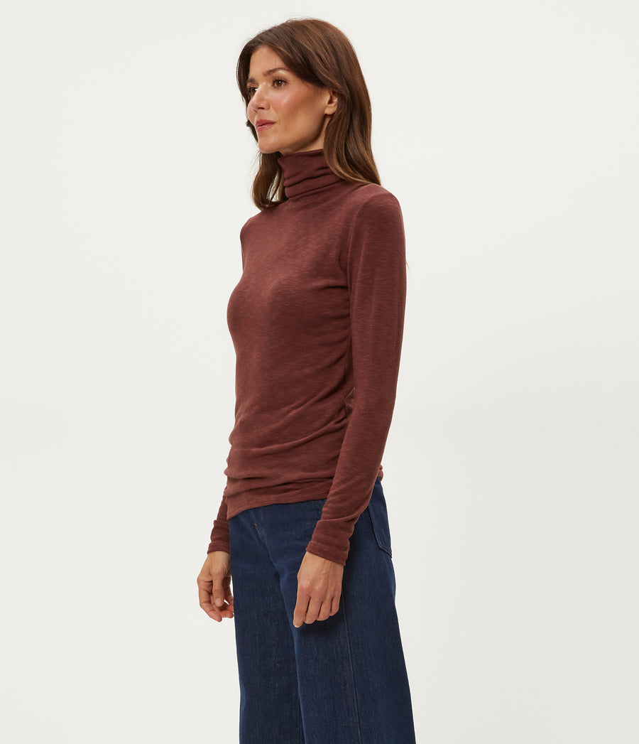Jojo Side Ruched Turtleneck in ESPRESSO Brown Side View #ESPRESSO