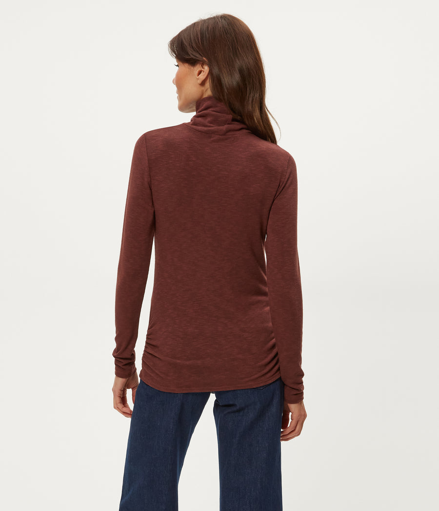 Jojo Side Ruched Turtleneck in ESPRESSO Brown Back View #ESPRESSO
