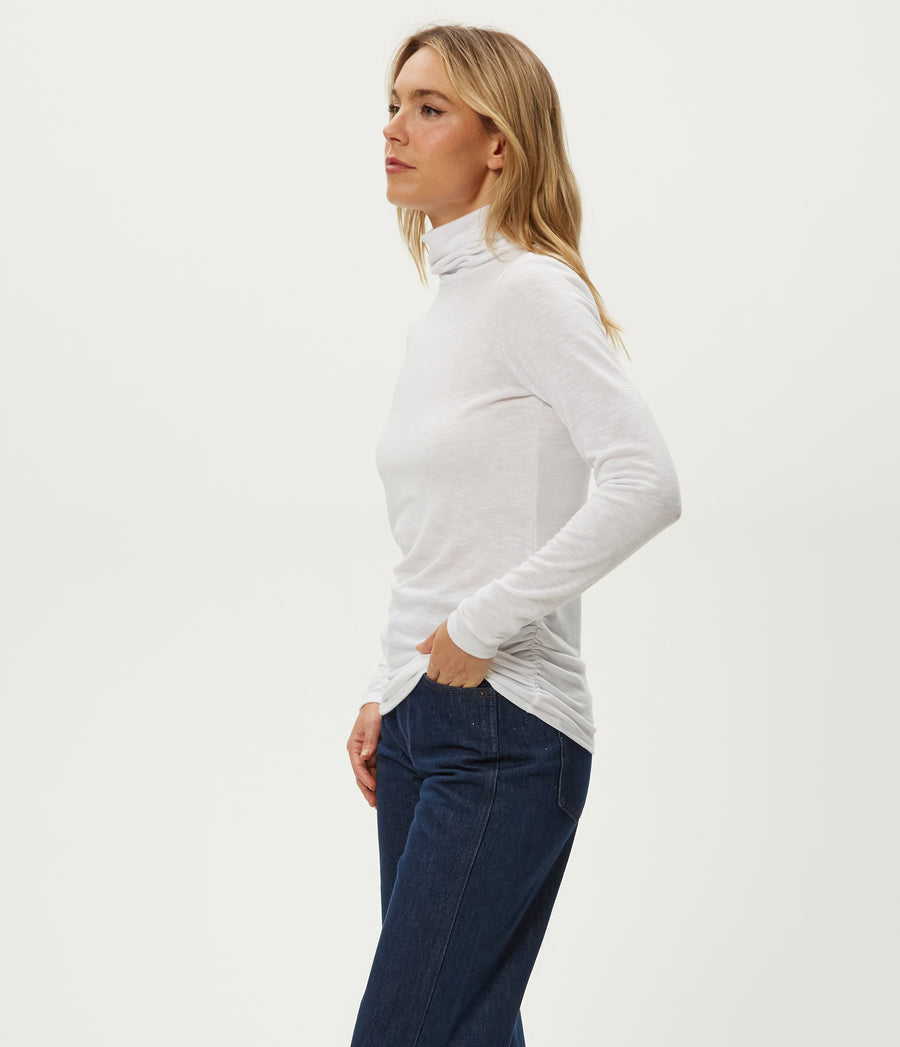 Jojo Side Ruched Turtleneck in White Back View #WHITE