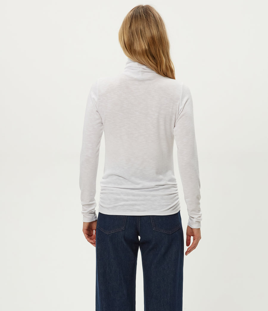 Jojo Side Ruched Turtleneck in Nocturnal Blue Close up View #NOCTURNAL