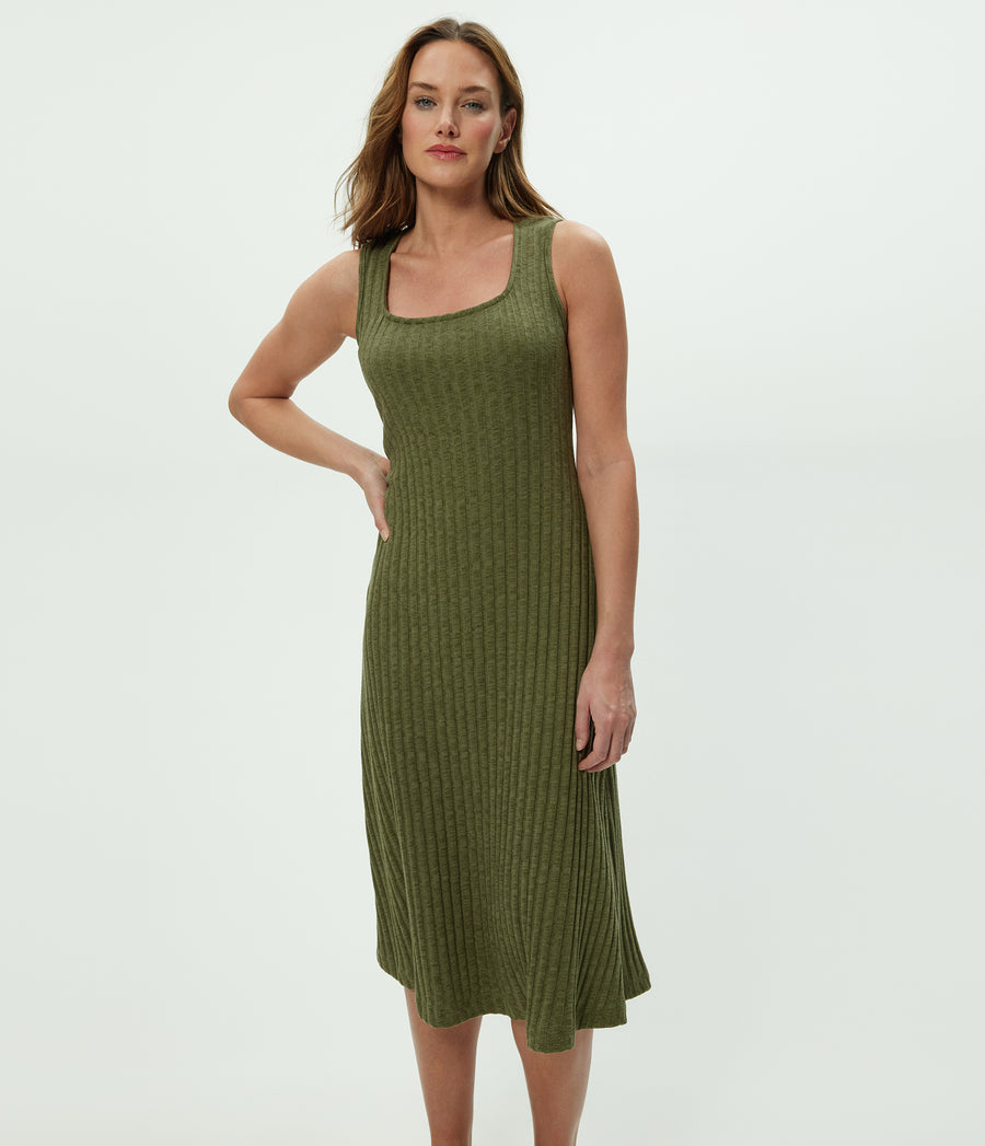 Sofia Midi Dress in CAPER Green Full Body View#CAPER