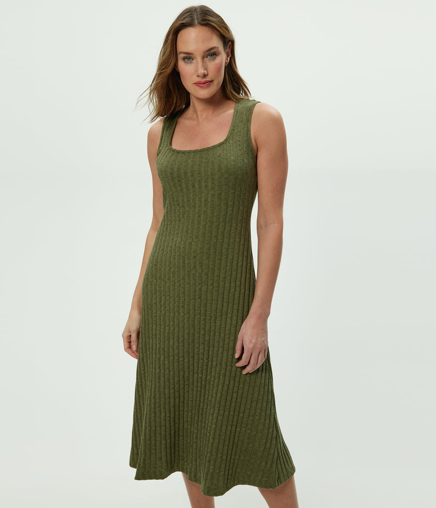 Sofia Midi Dress in CAPER Green Close up View #CAPER
