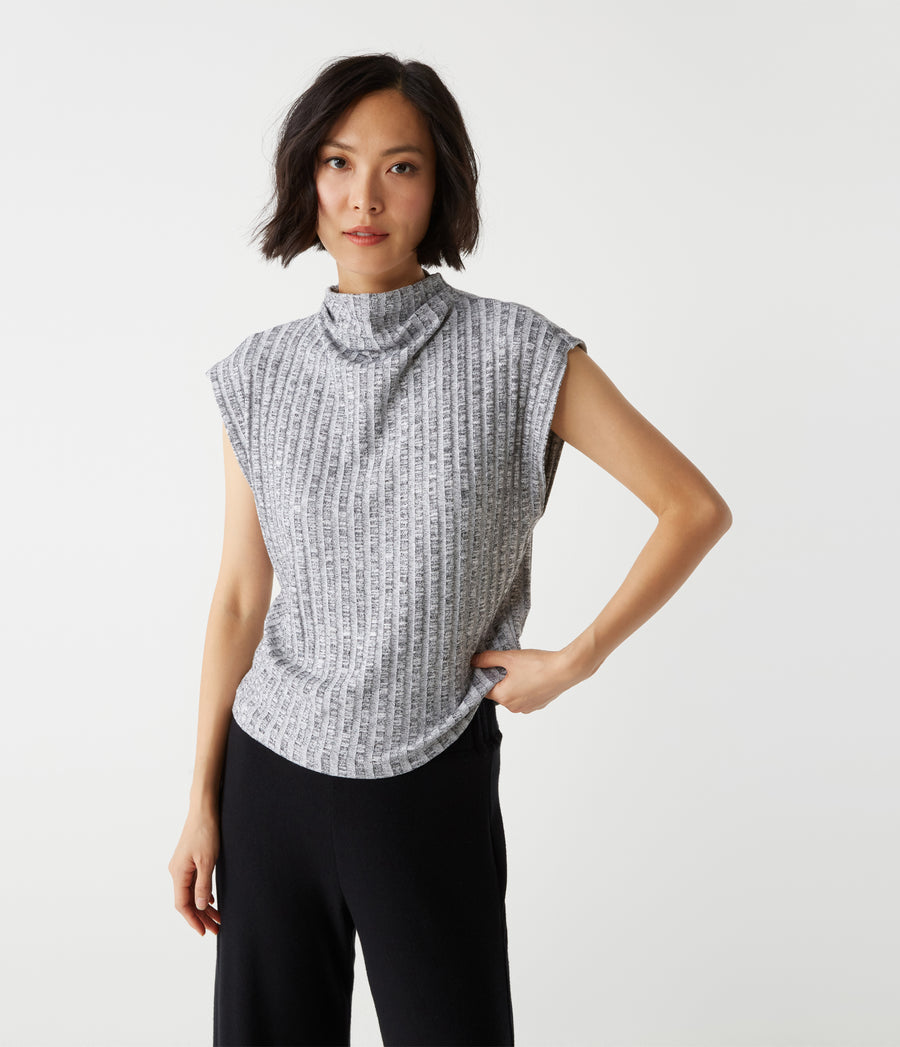 Nara Mock Neck Top in Black Marl Grey Close Up View #BLACK MARL