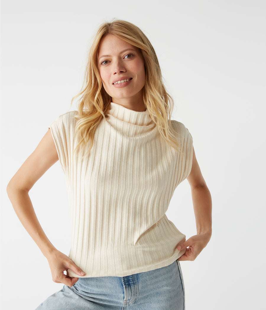 Nara Mock Neck Top in Chalk White Close Up View #CHALK