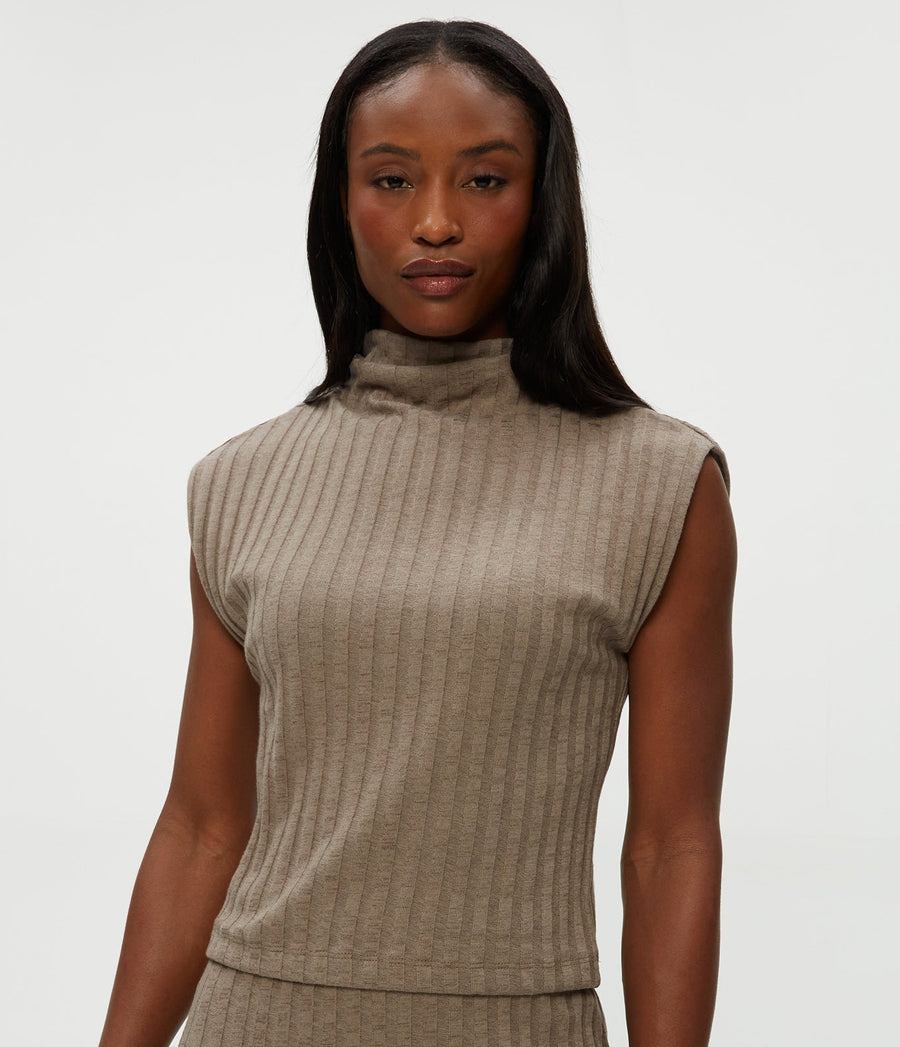 Nara Mock Neck Top in Cobblestone Brown Close Up View #COBBLESTONE