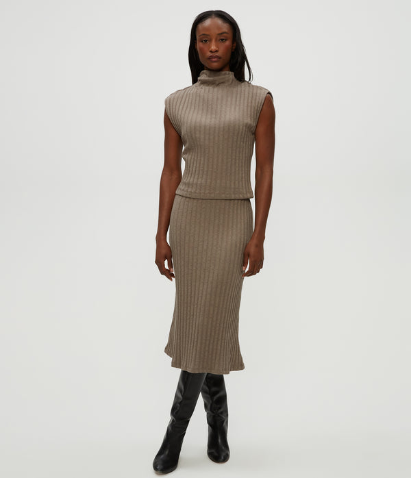 Nara Mock Neck Top in Cobblestone Brown Full Body View #COBBLESTONE