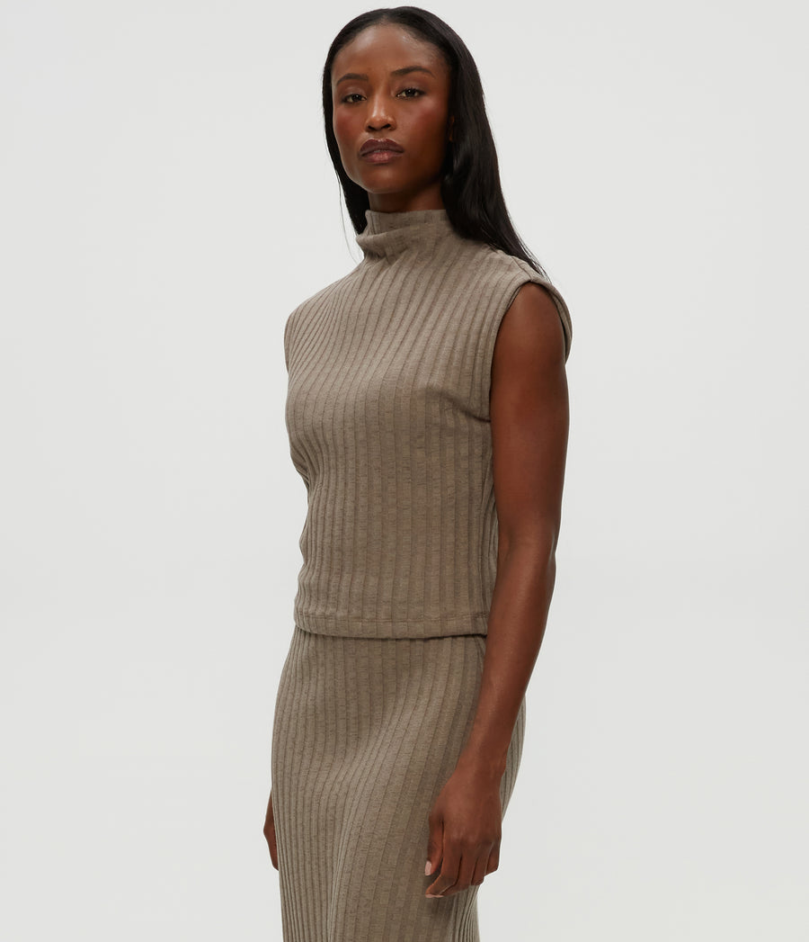 Nara Mock Neck Top in Cobblestone Brown Side View #COBBLESTONE