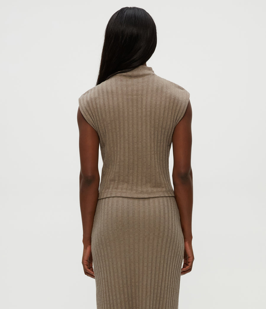 Nara Mock Neck Top in Cobblestone Brown Back View #COBBLESTONE