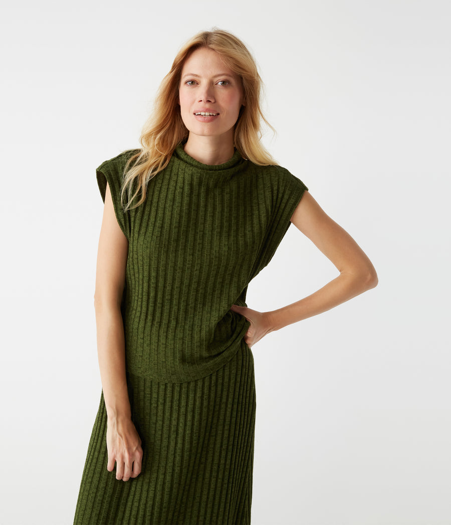 Nara Mock Neck Top in Dark Matcha Green Close Up View #DARK MATCHA