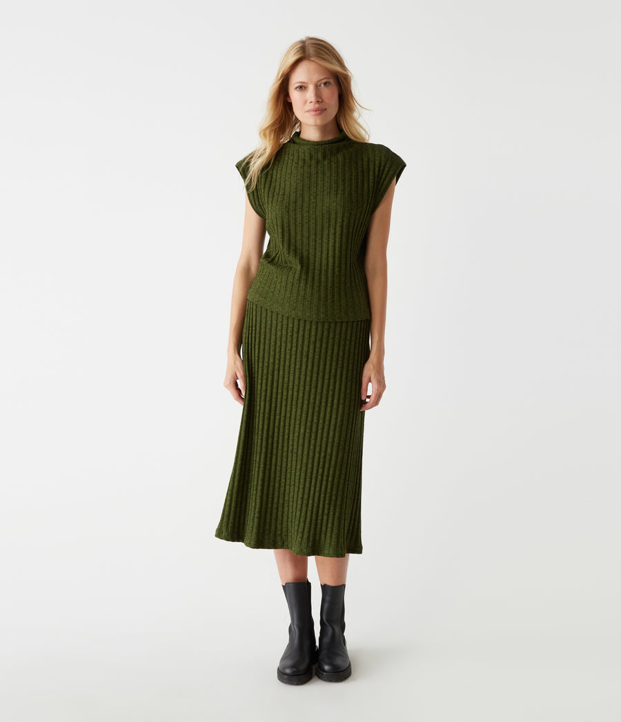 Nara Mock Neck Top in Dark Matcha Green Full Body View #DARK MATCHA