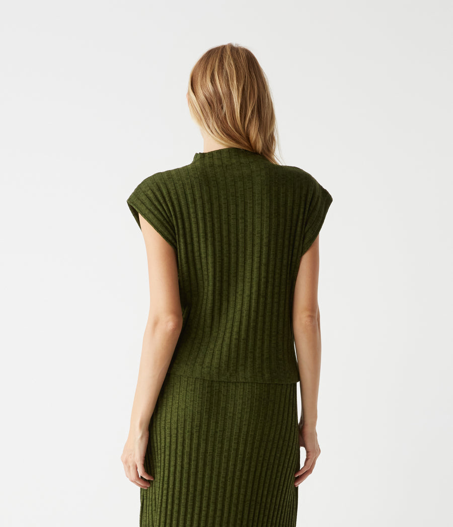 Nara Mock Neck Top in Dark Matcha Green Back View #DARK MATCHA