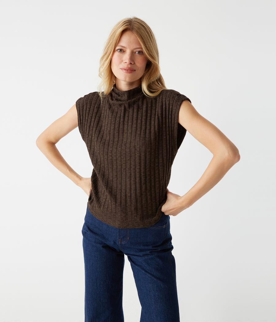 Nara Mock Neck Top in Java Brown Close Up View #JAVA