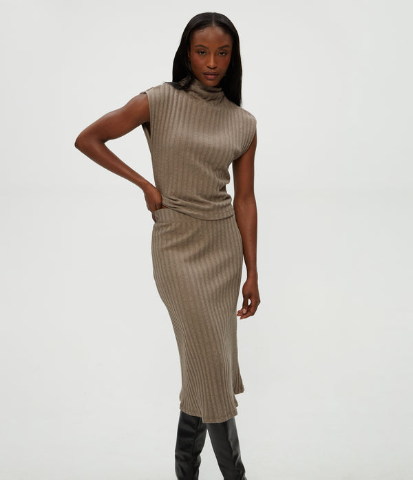 Shania Midi Skirt in Cobblestone Brown Close Up View #COBBLESTONE
