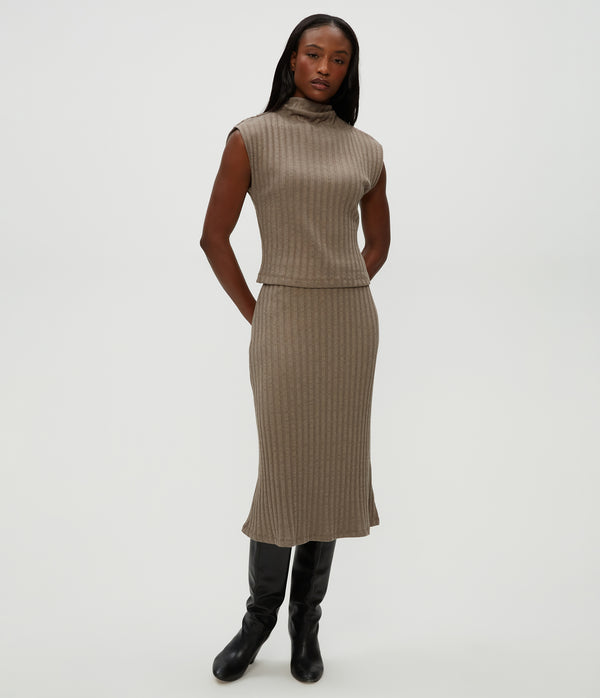 Shania Midi Skirt in Cobblestone Brown Full Body View #COBBLESTONE