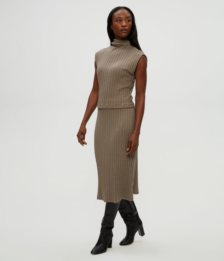 Shania Midi Skirt in Cobblestone Brown Side View #COBBLESTONE