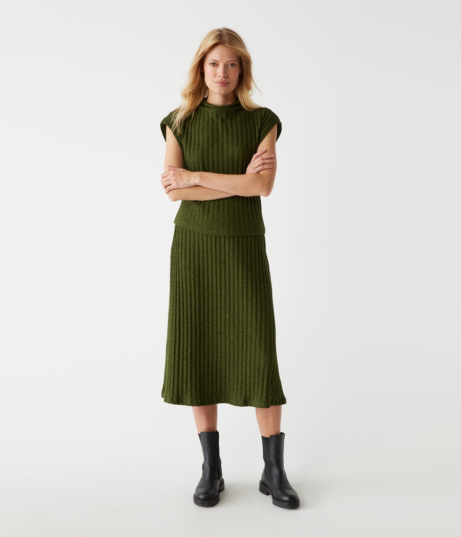 Shania Midi Skirt in Dark Matcha Green Full Body View #DARK MATCHA