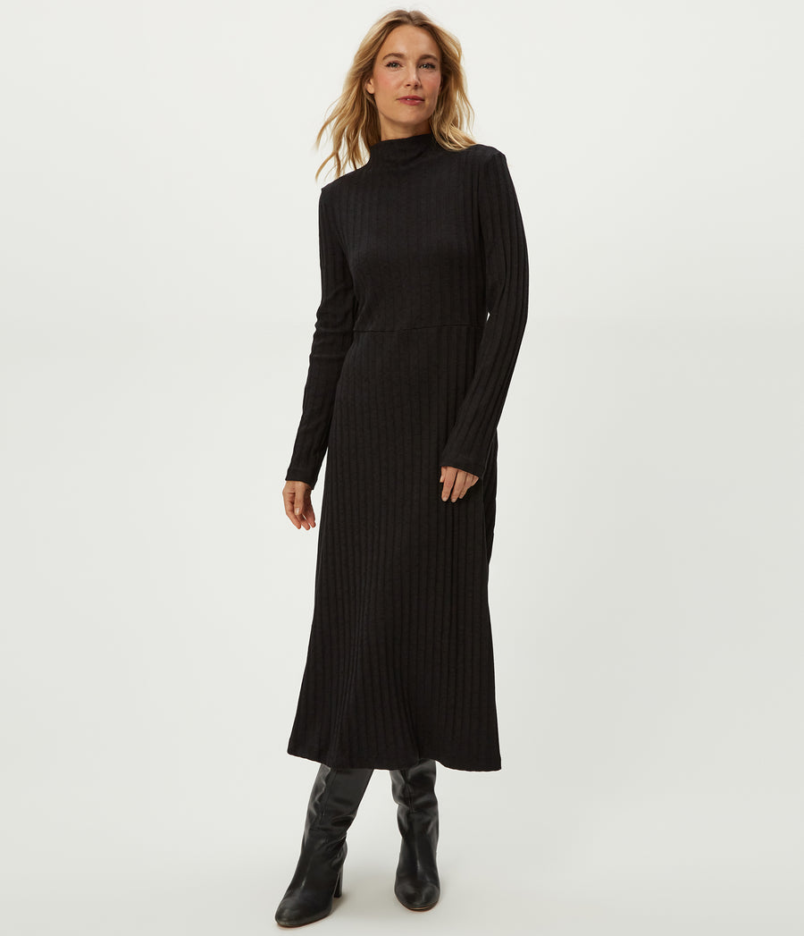 Lenox Mock Neck Midi Dress in Black Close up View #BLACK