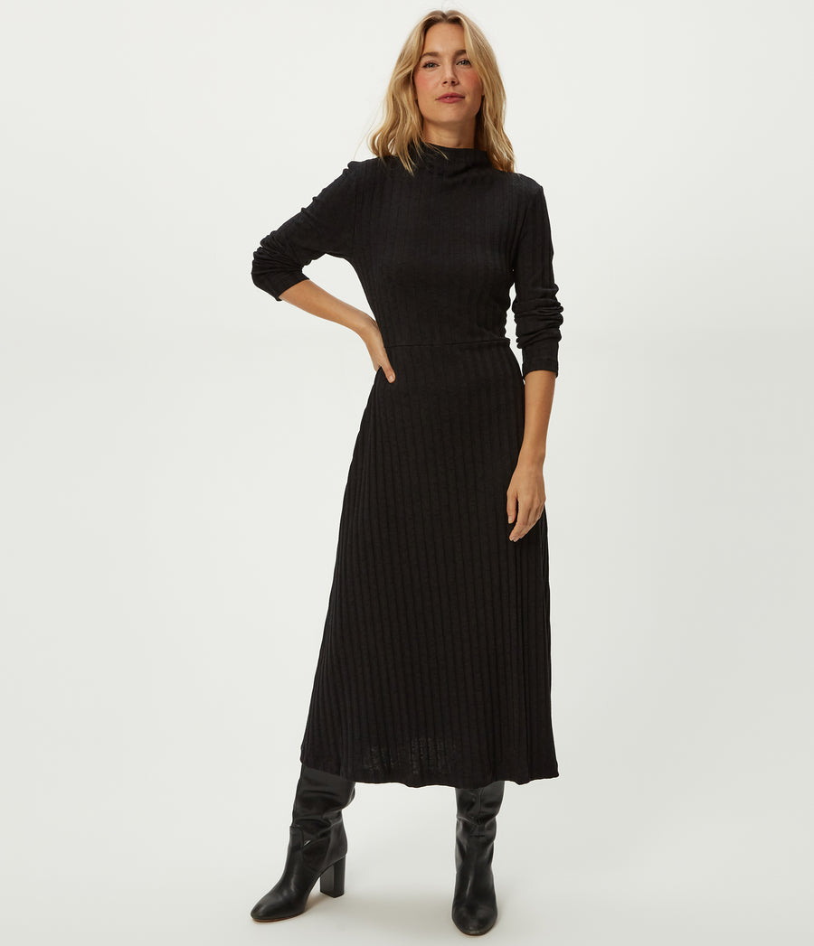 Lenox Mock Neck Midi Dress in Black Full Body View #BLACK