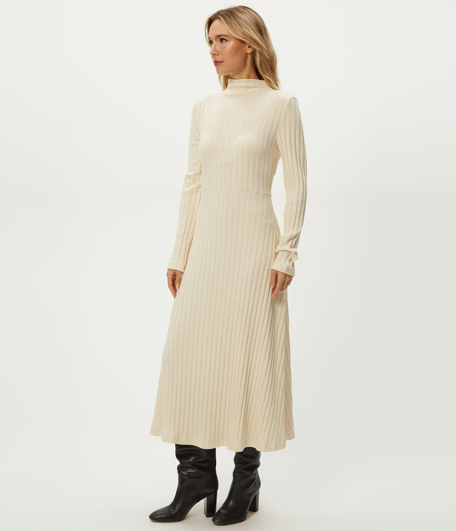 high neck midi dress white Ivory Floral Embroidered length skirt forms a balanced silhouette Jane White Long Sleeve Dress