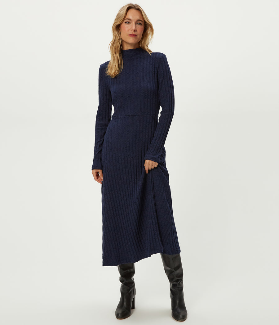 Lenox Mock Neck Midi Dress in Nocturnal Blue Full Body View #NOCTURNAL