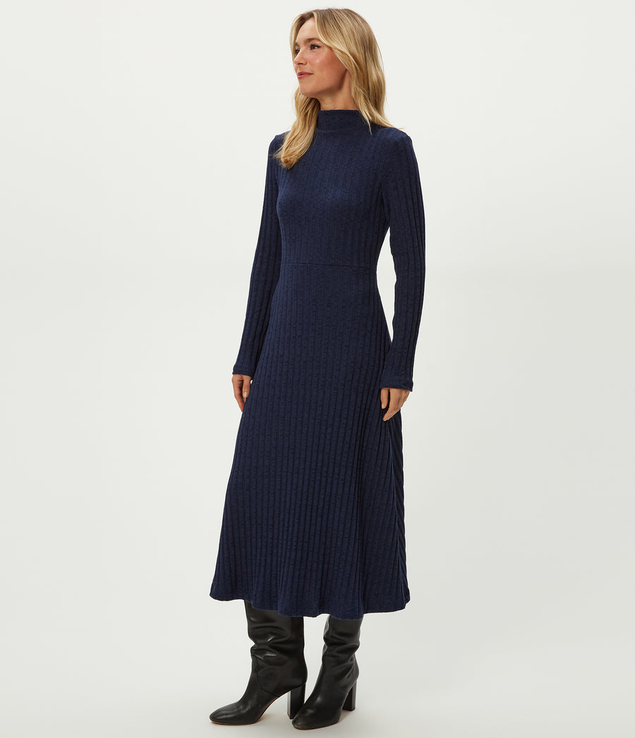 Lenox Mock Neck Midi Dress in Nocturnal Blue Side View #NOCTURNAL