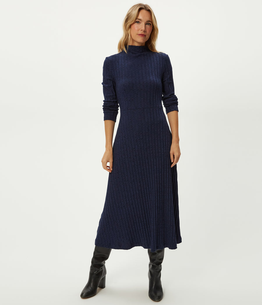 Lenox Mock Neck Midi Dress in Nocturnal Blue Close Up View #NOCTURNAL
