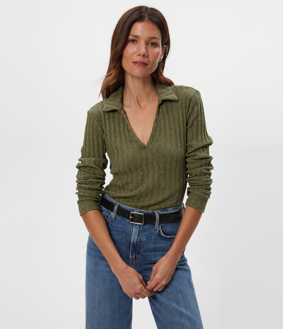 Liyah Collard Top in CAPER Green Close up View #CAPER