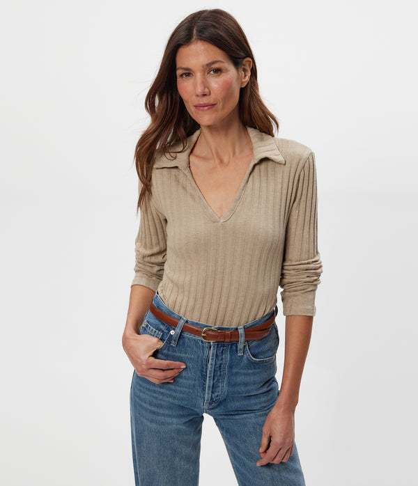 Liyah Collard Top in  MACADAMIA Beige Close up View #MACADAMIA