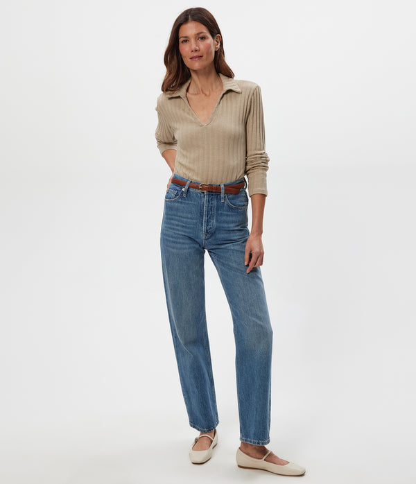 Liyah Collard Top in  MACADAMIA Beige Full Body View #MACADAMIA
