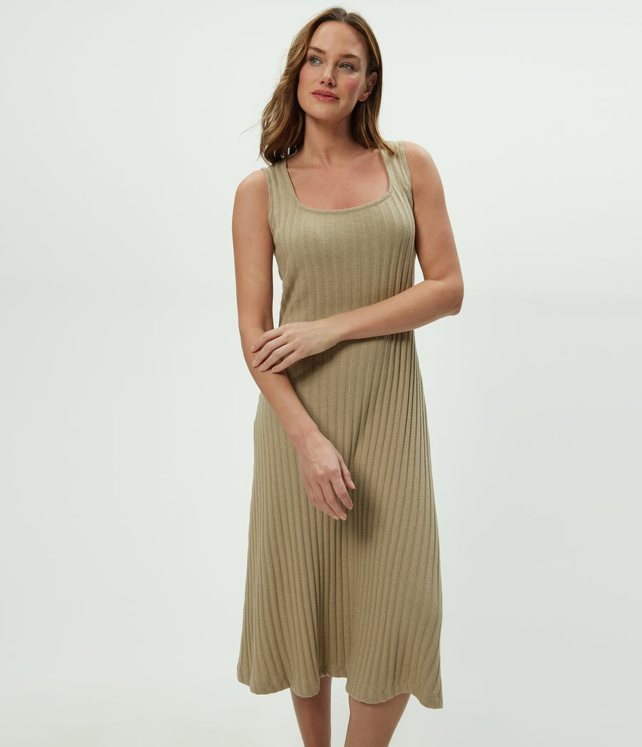 Sofia Midi Dress in  MACADAMIA Beige Close up View #MACADAMIA